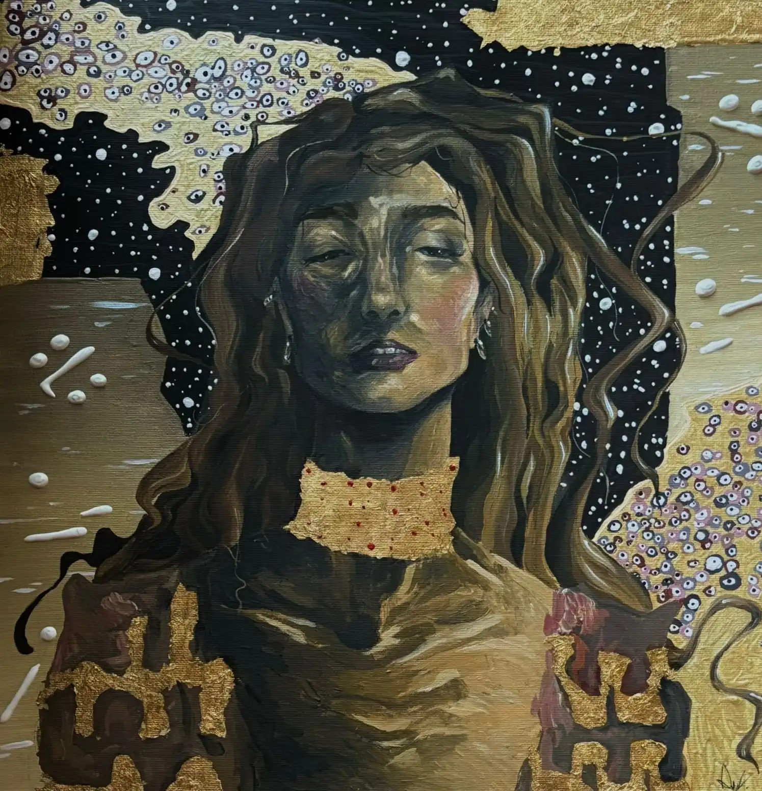 Pangea-L'Origine - Acrilico e collage foglio oro, Formato non indicato